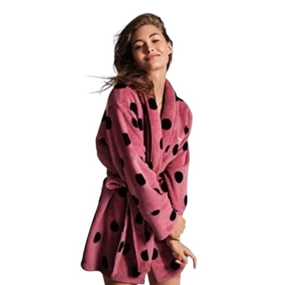 PINK Black Polka Dot Wrap Housecoat Bathrobe - Picture 1 of 8